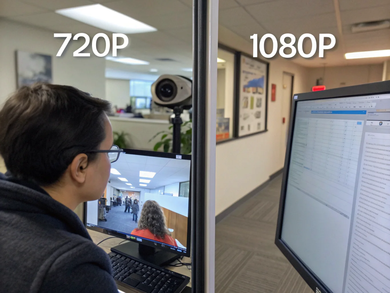 Image en écran partagé montrant la nette différence de détails entre un flux vidéo 720p et un flux vidéo net 1080p provenant d'une caméra cachée.