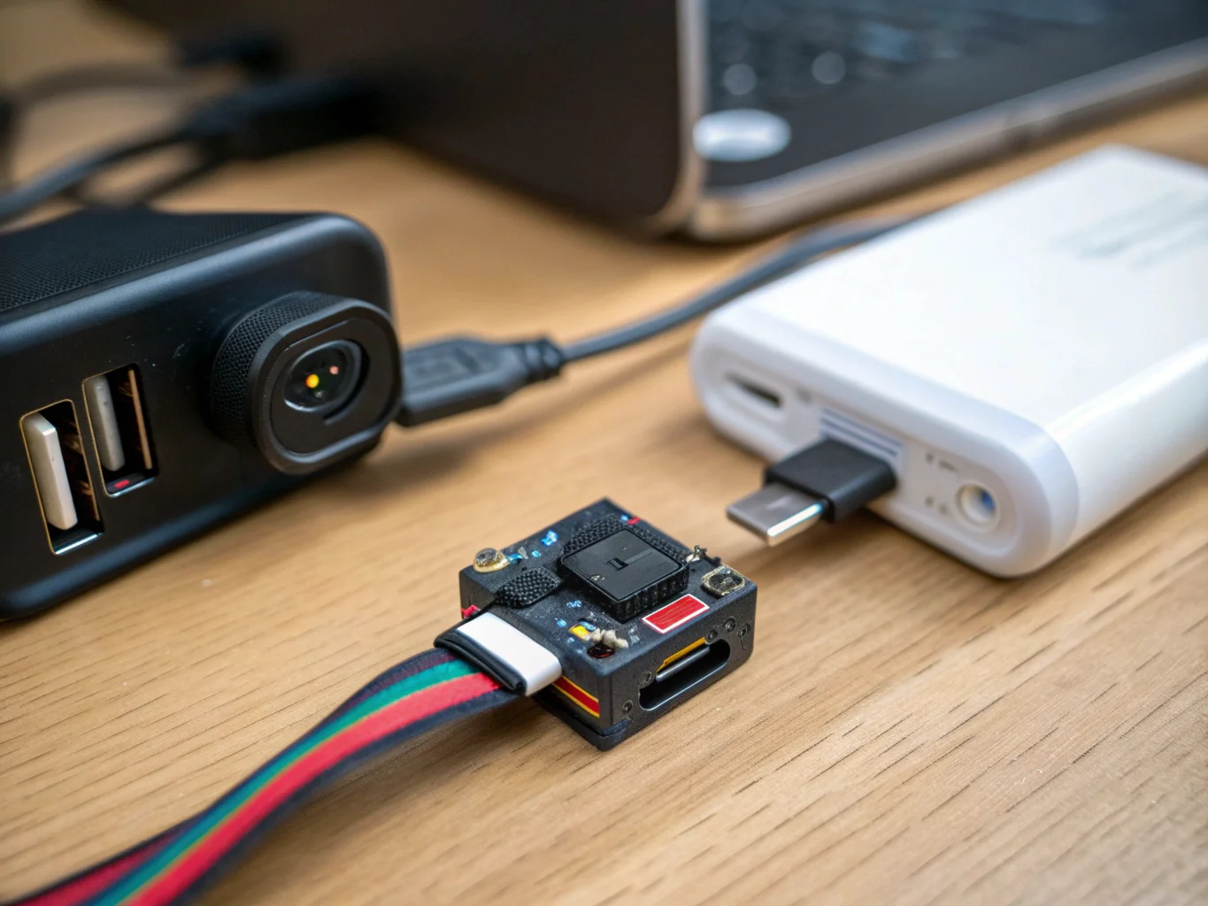 Eine Kamera ist mit einer Powerbank und einem Wandadapter für die USA ausgestattet