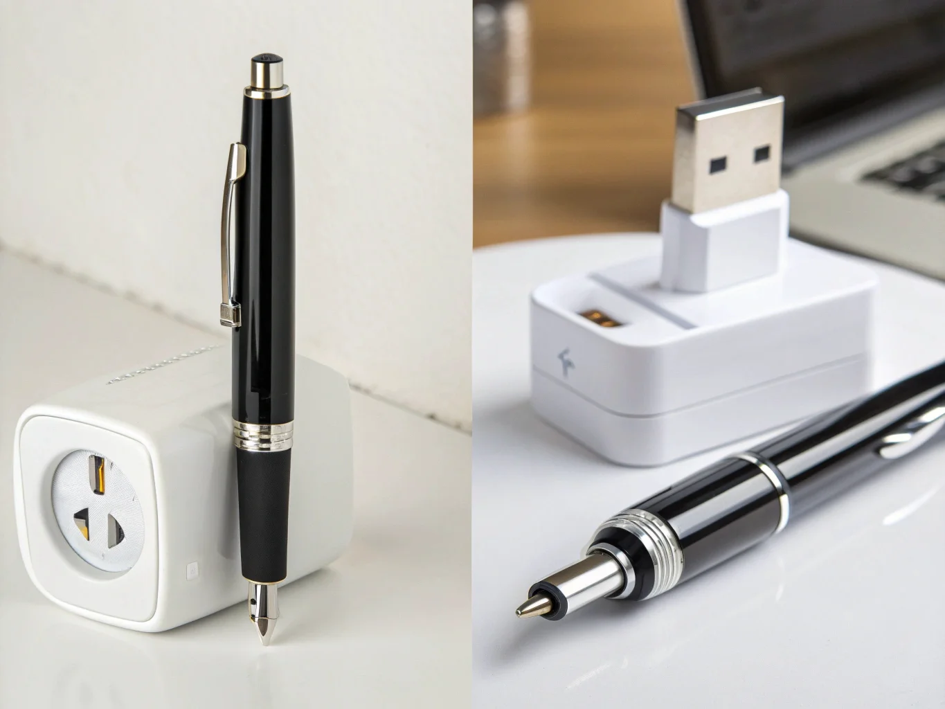 Konfrontieren Sie mit einer Kamera, die den Akku in einem Stift späht, und einer Kamera, die in einem USB-Stick steckt