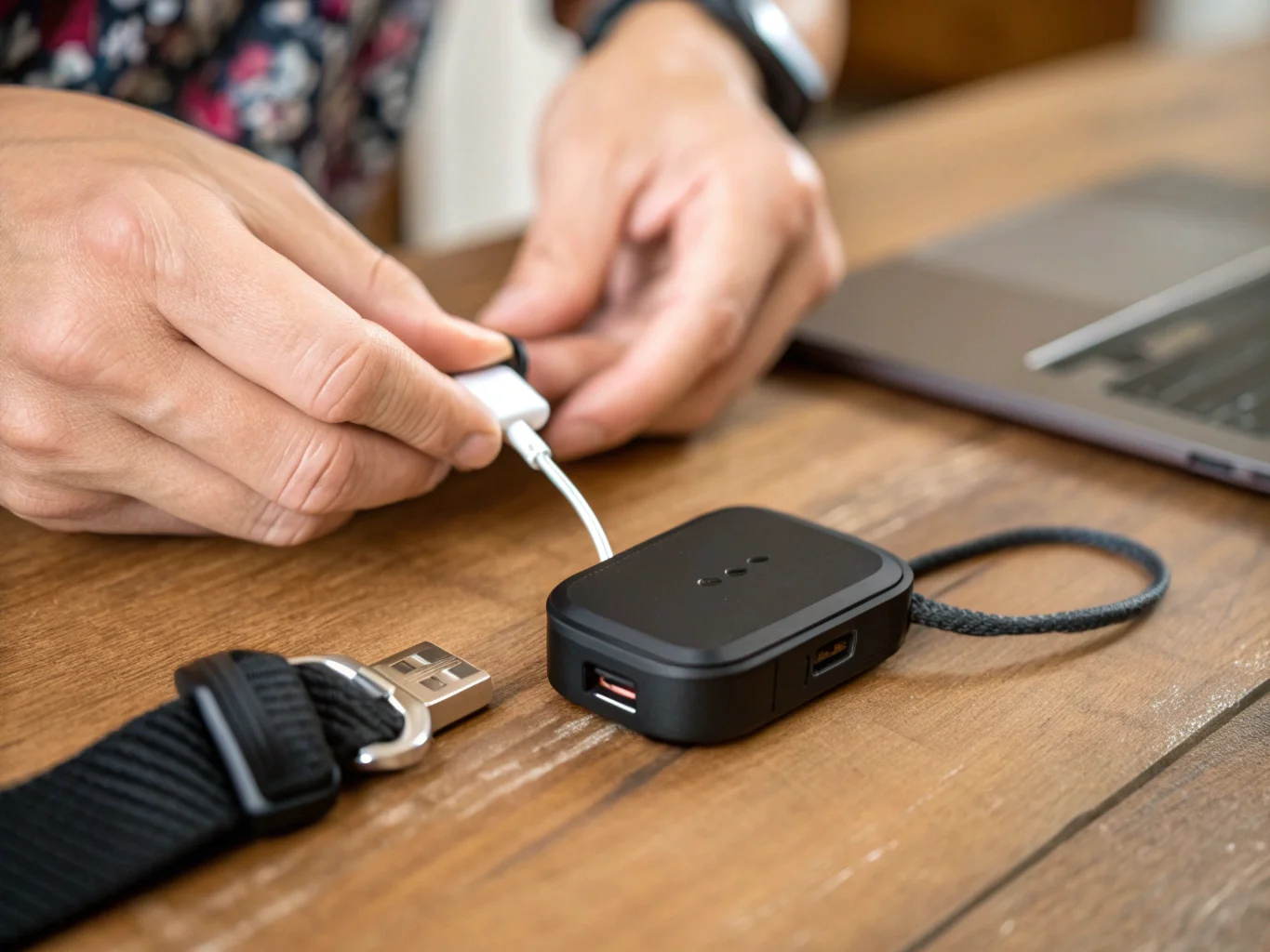 Primo piano di una persona che collega un cavo USB a un localizzatore GPS per animali domestici per caricarlo