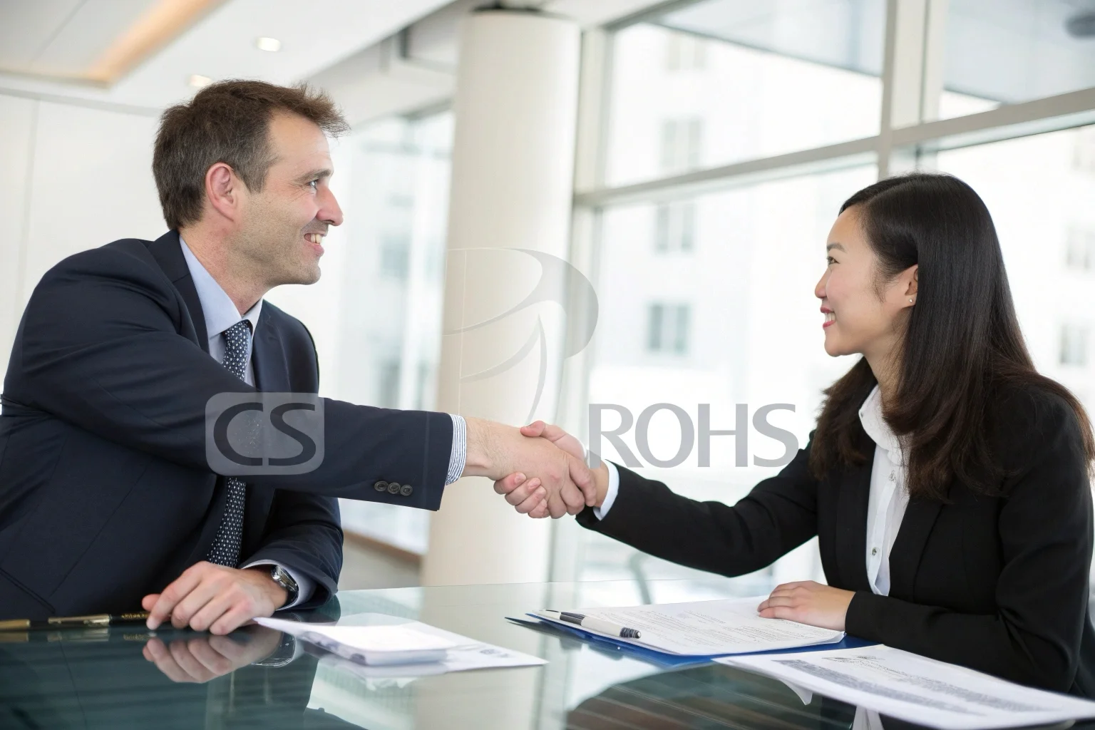 Uścisk dłoni europejskiego kupca i azjatyckiego dostawcy w nowoczesnym biurze, na stole widoczne są certyfikaty CE i ROHS.