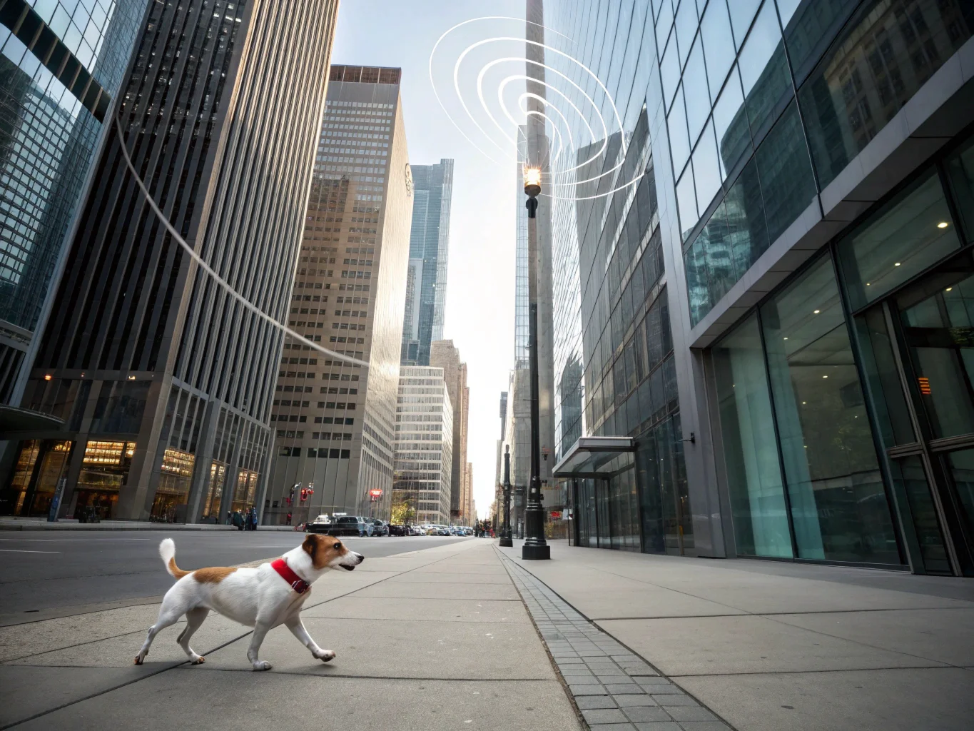 Un'immagine animata che mostra i segnali satellitari GPS che rimbalzano sugli edifici alti e hanno difficoltà a raggiungere un collare a terra