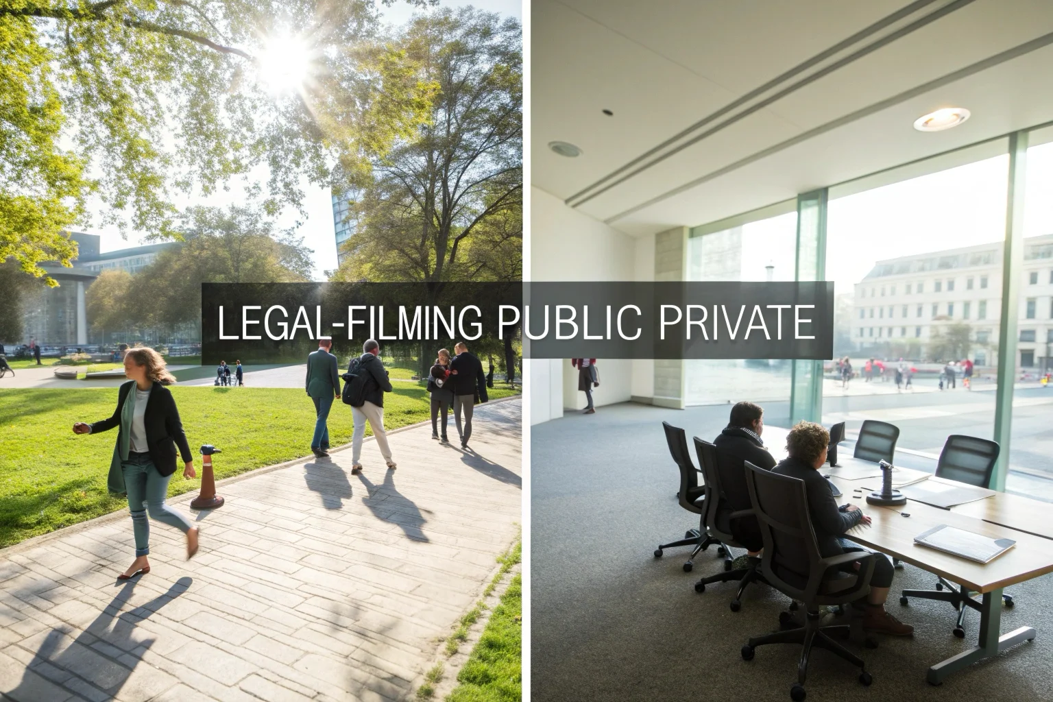 Podzielony obraz przedstawiający park publiczny po jednej stronie i prywatną salę konferencyjną po drugiej stronie, z subtelną ikoną młotka sędziowskiego pośrodku.