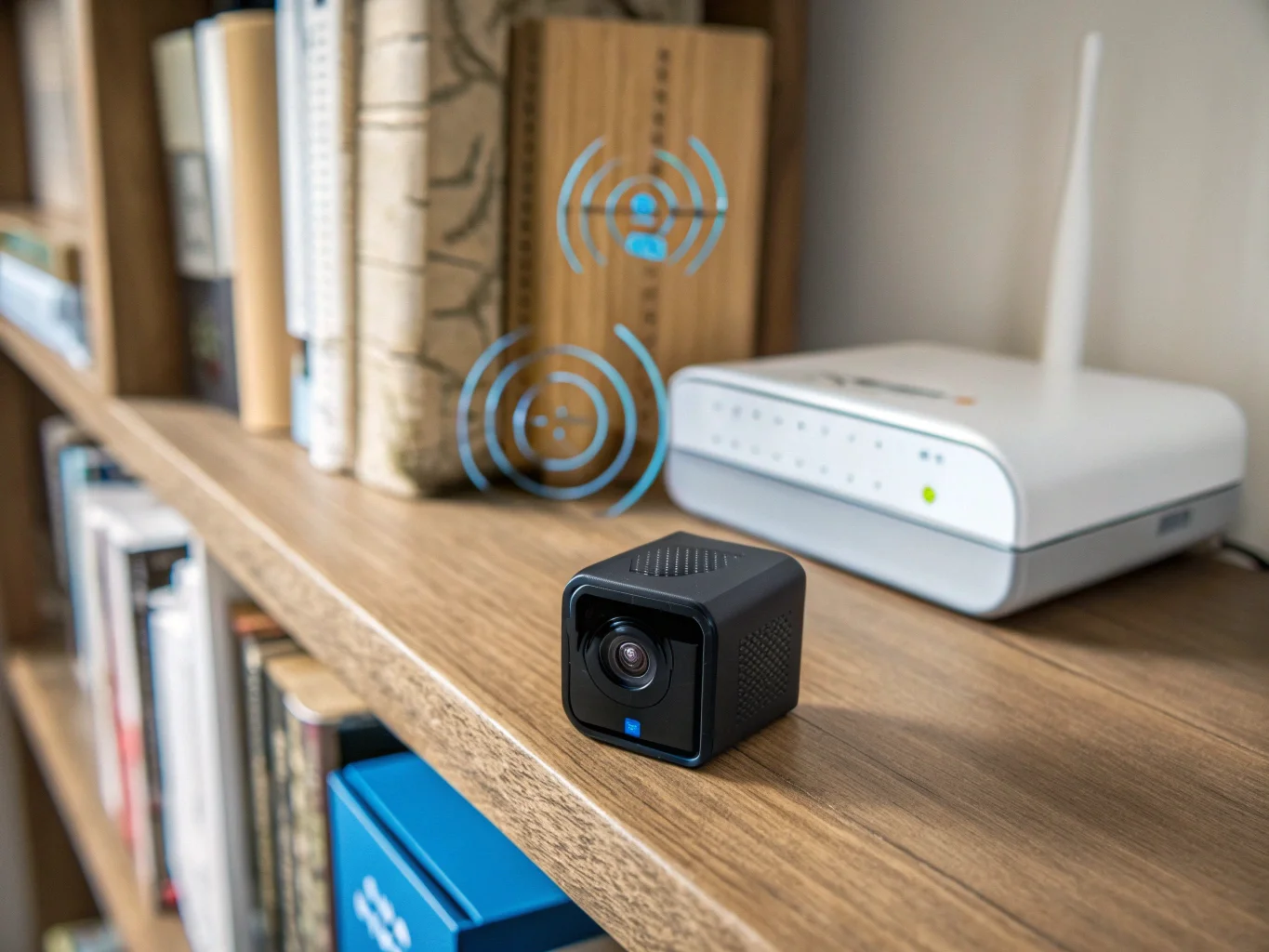 Una piccola telecamera nascosta su una libreria che si connette in modalità wireless a un router Wi-Fi sullo sfondo