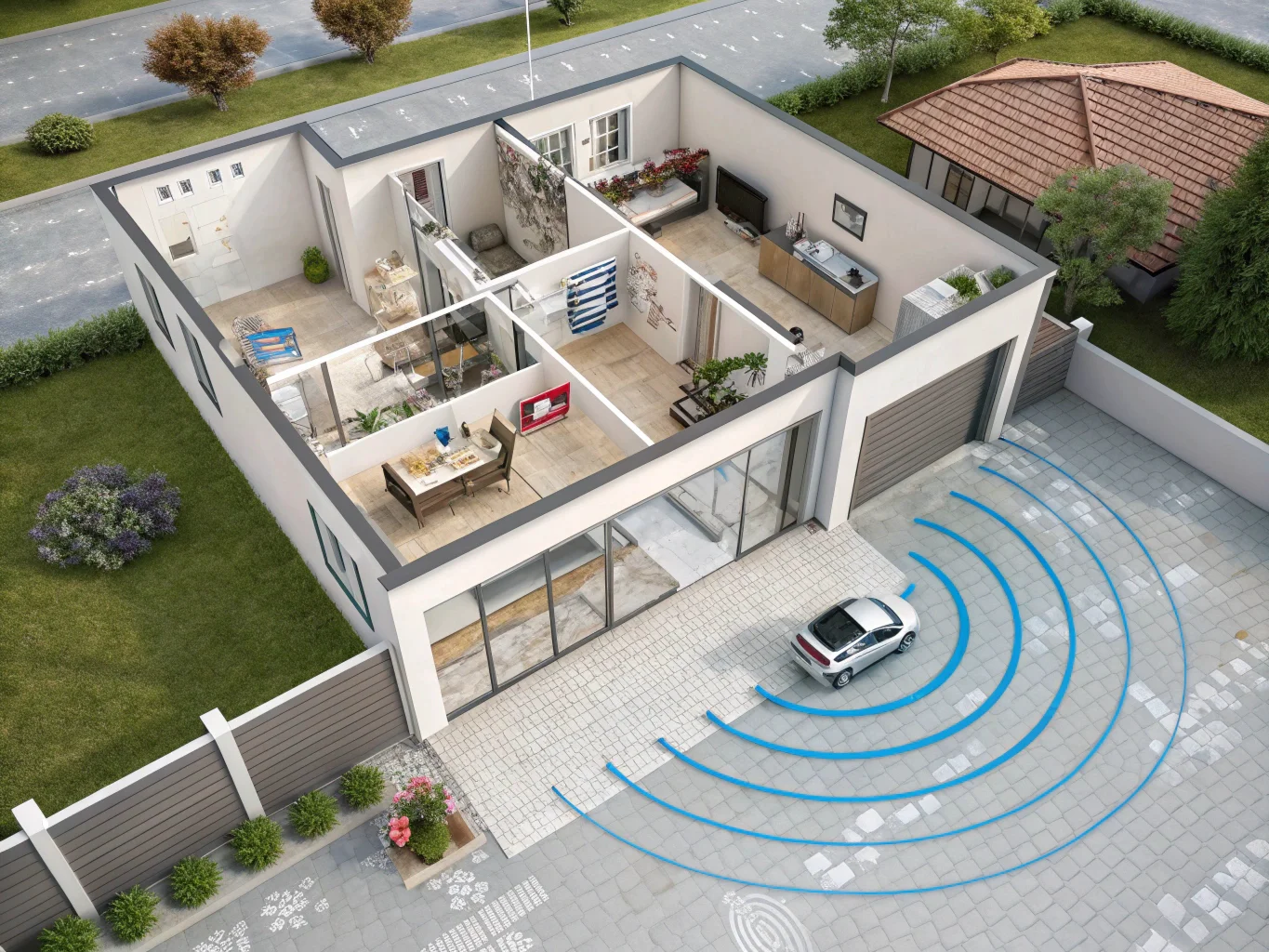 Das Diagramm zeigt, wie die WLAN-Verbindung einer Fernsehkamera aussieht, die von der Außen- und Außenwelt beeinflusst wird