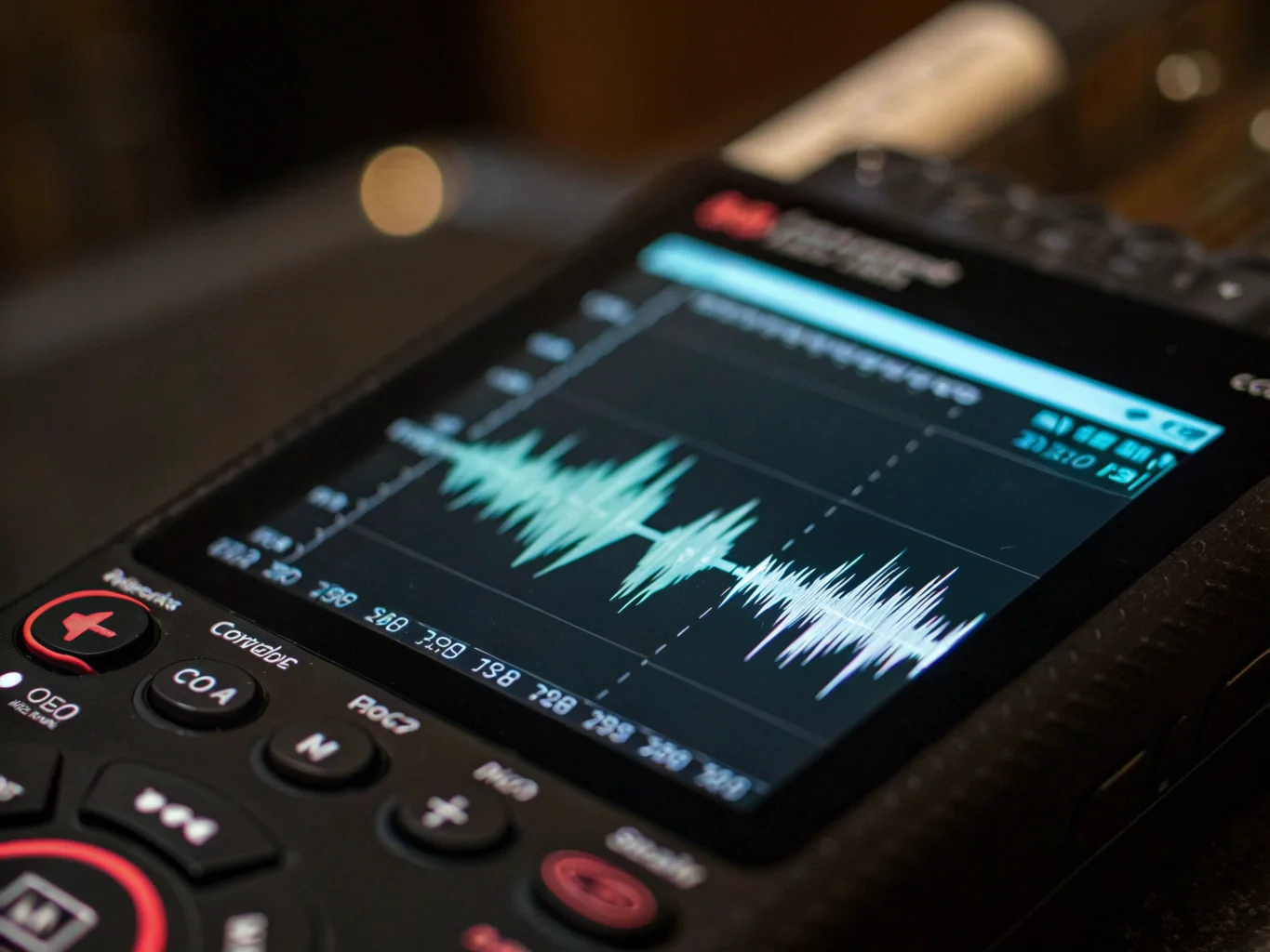 Un'onda sonora visualizzata su uno schermo di un registratore digitale, che mostra un audio chiaro e pulito