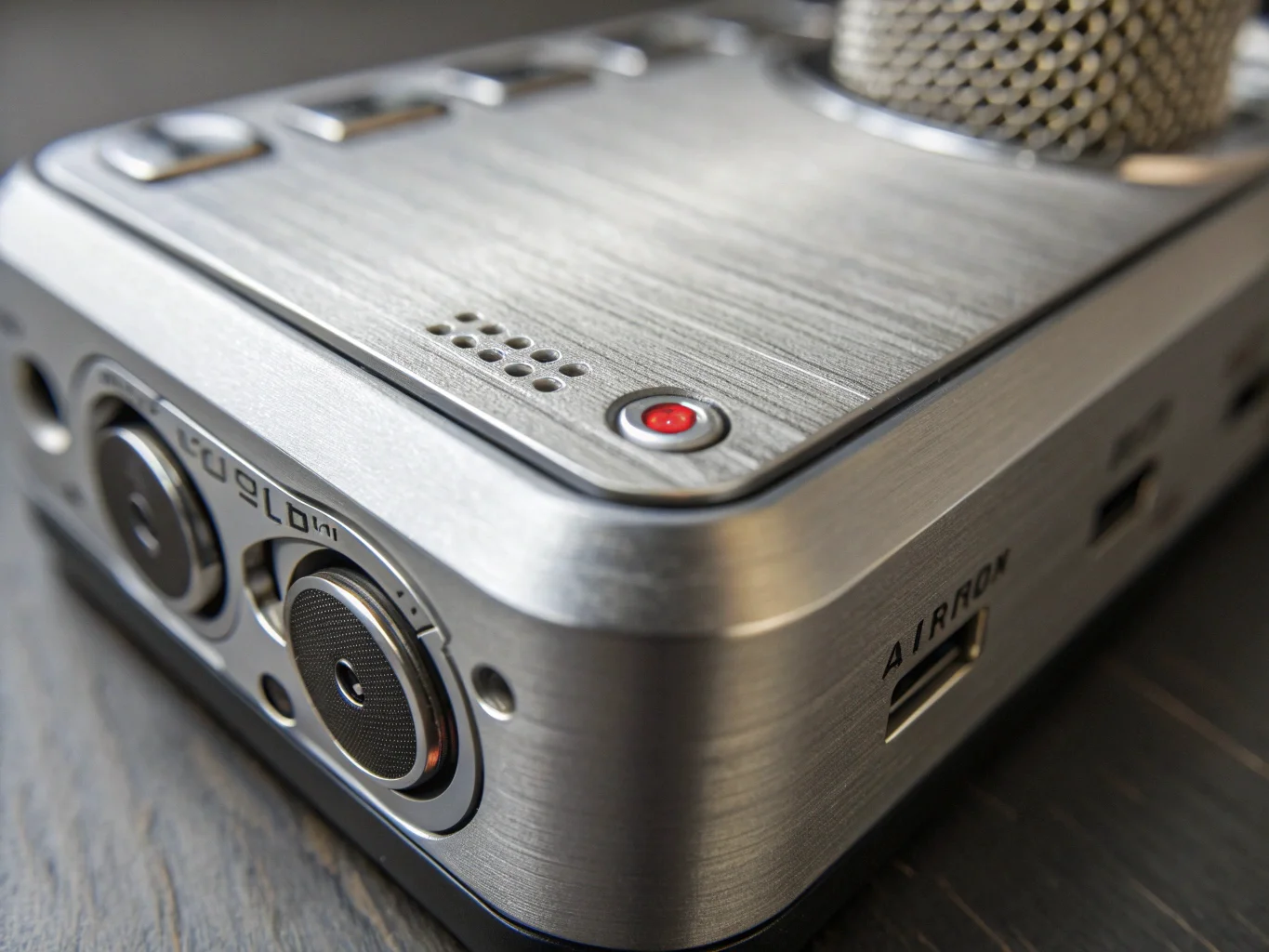 Un primo piano di un registratore vocale in lega di zinco che mostra la sua texture metallica resistente