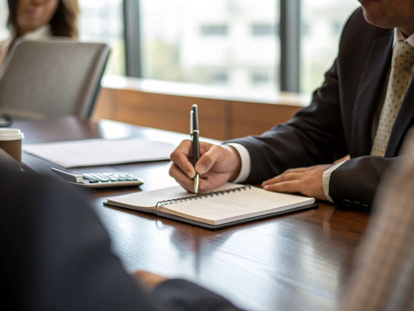 Una persona in un contesto aziendale che utilizza discretamente un registratore vocale a penna durante una riunione