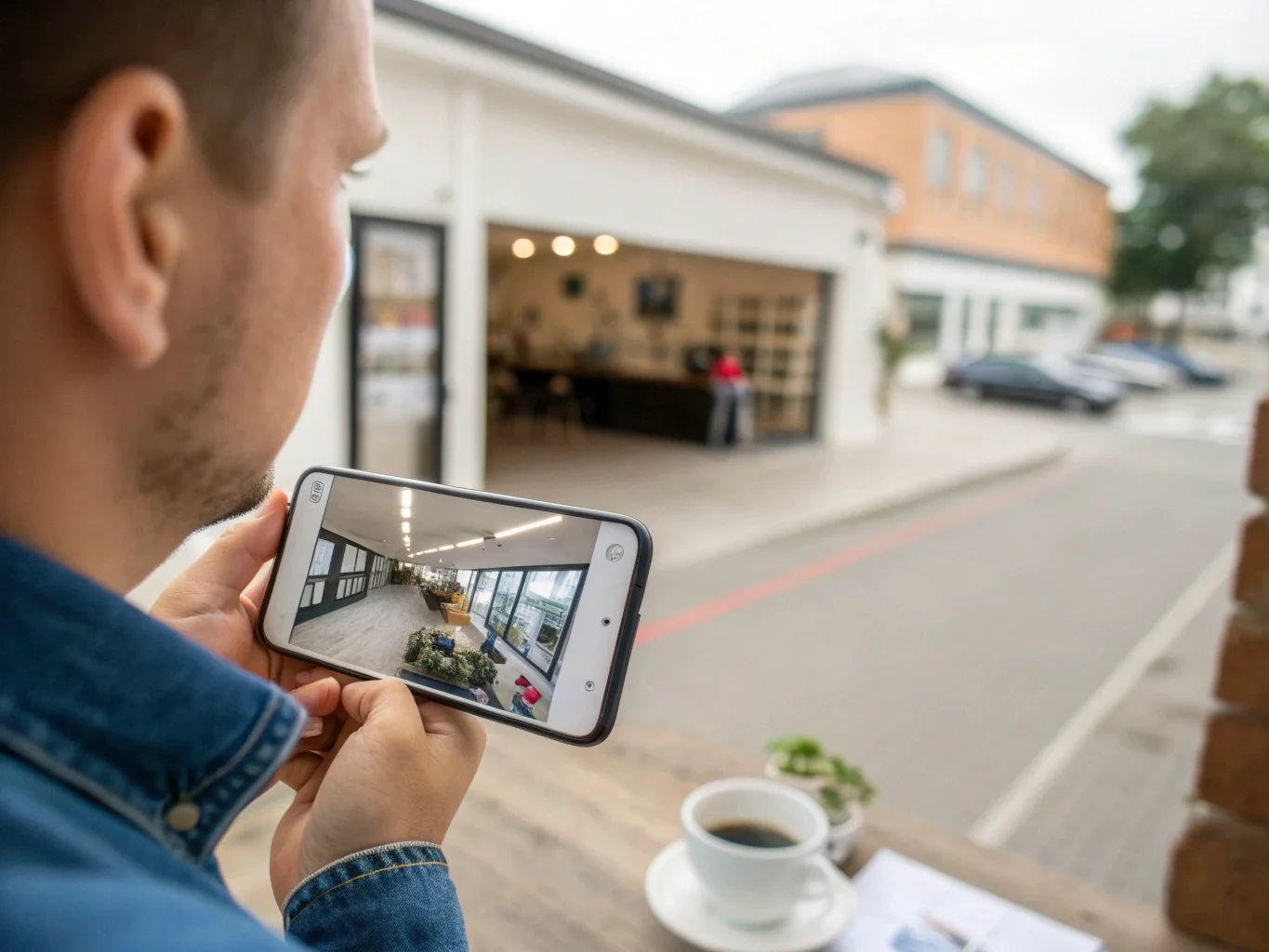 Une personne utilise son smartphone pour visionner le flux vidéo en direct d'une caméra cachée placée dans un bureau.