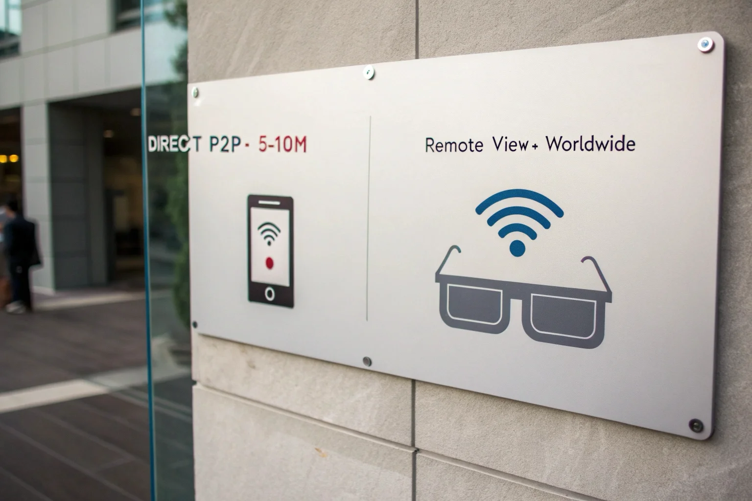 Diagram przedstawiający okulary z kamerą szpiegowską łączące się bezpośrednio ze smartfonem (krótki zasięg), a także łączące się za pośrednictwem routera Wi-Fi z chmurą w celu zdalnego dostępu z dowolnego miejsca.