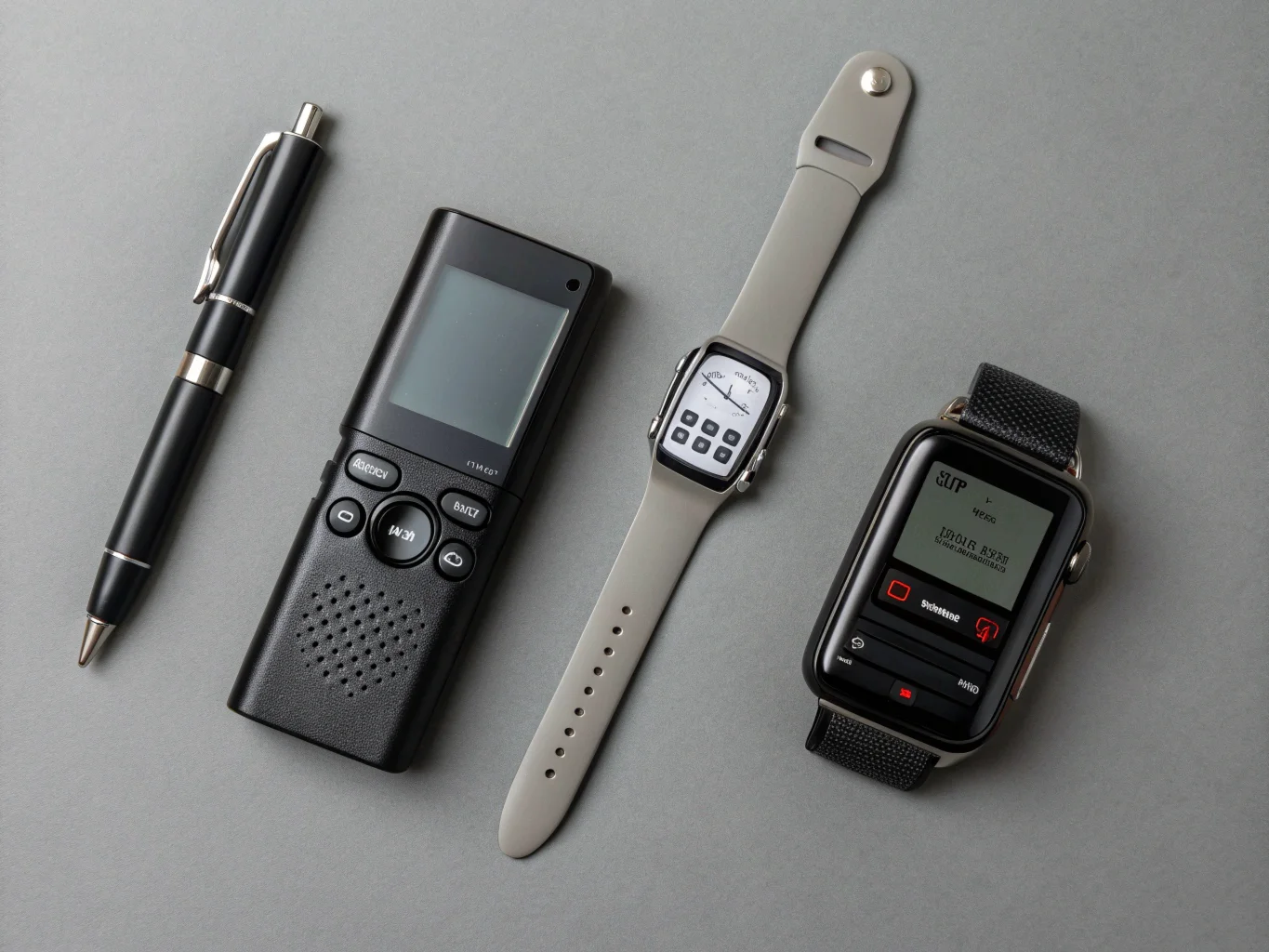 Una collezione di diversi tipi di registratori vocali mimetizzati: penna, portachiavi e orologio