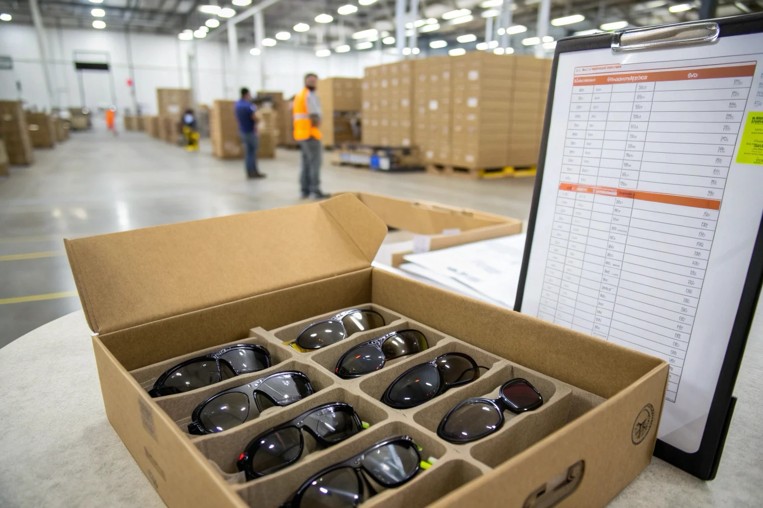 Otwarte pudełko hurtowe w magazynie, ukazujące starannie zapakowane okulary szpiegowskie, a obok na podkładce lista kontrolna kontroli jakości.