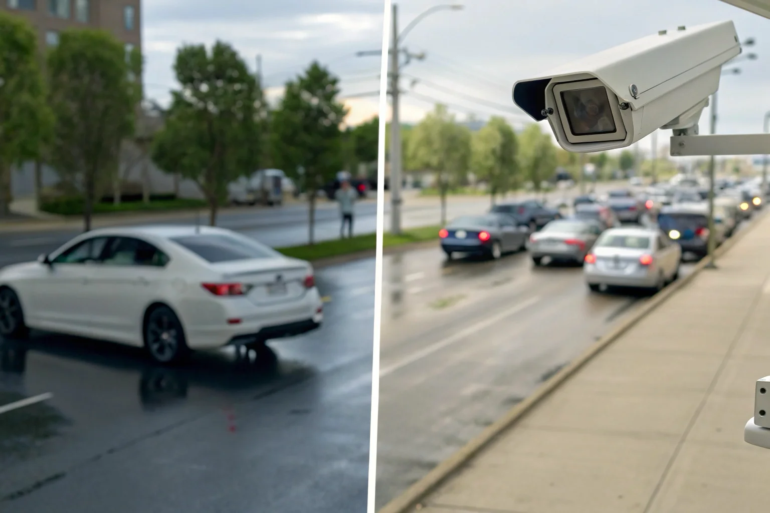 A side-by-side comparison image showing a crisp, detailed 1080p video frame next to a blurry, pixelated frame from an interpolated 4K camera.