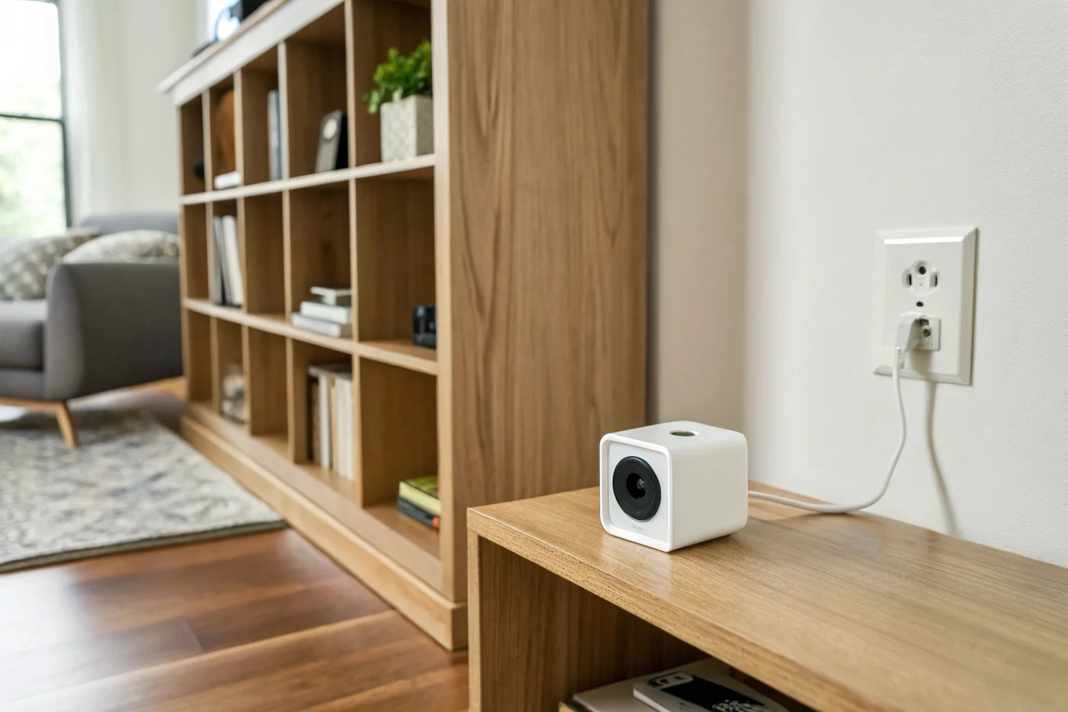 A battery-powered camera placed on a bookshelf compared to a plug-in wall socket camera installed in an outlet.
