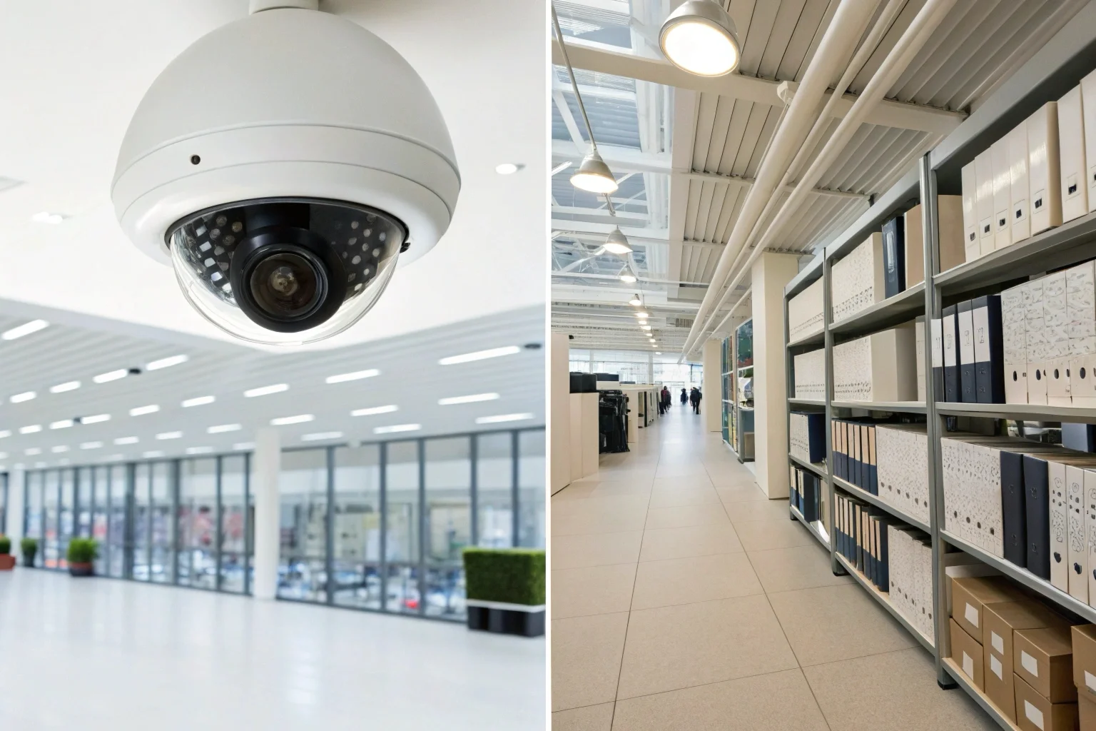 An image showing two business scenarios: a visible dome camera in a retail store, and a hidden clock camera on a shelf in an office stockroom.