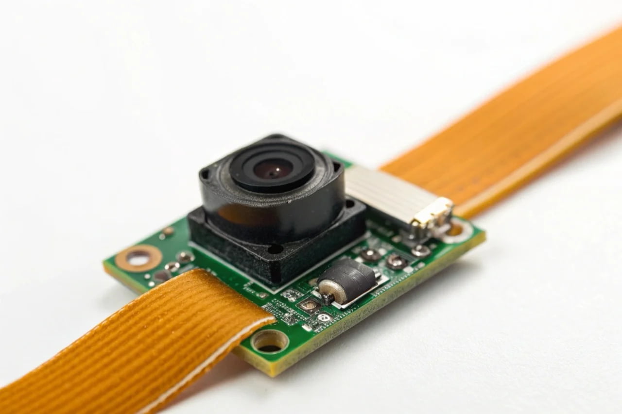 Macro close-up shot of a tiny C10 Tuya WiFi camera module with its lens and flat ribbon cable.