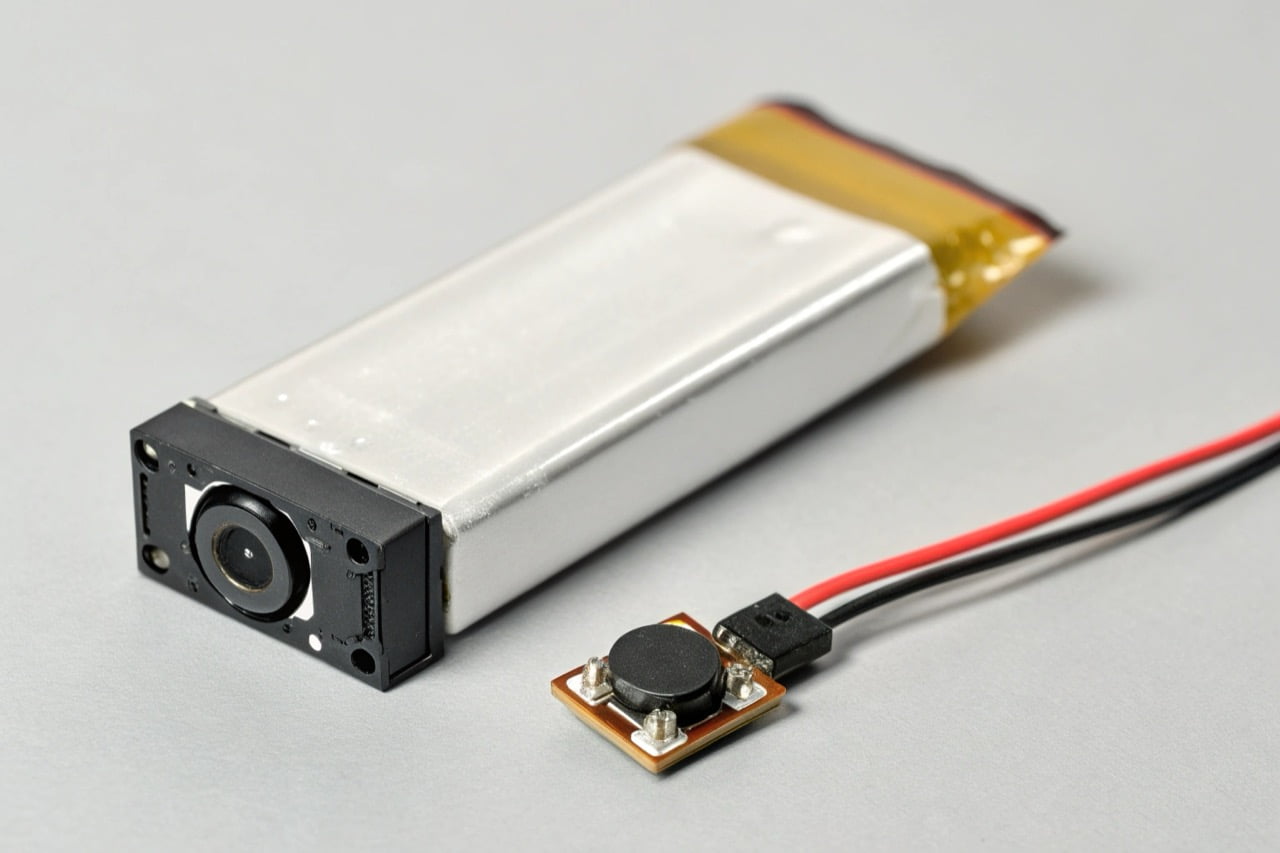 A high-capacity rectangular lithium-ion polymer battery pack placed next to a small spy camera module to show the size comparison.