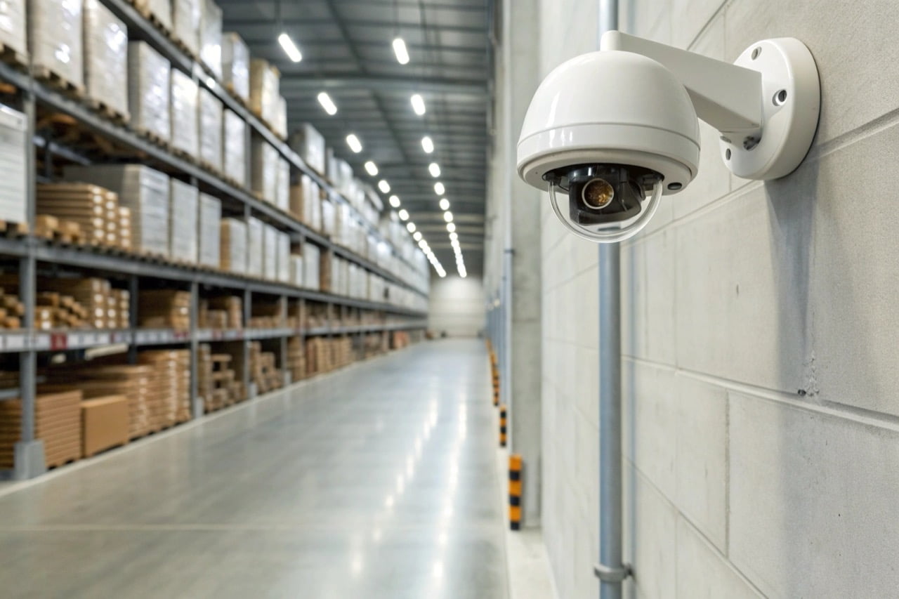 A professional security camera mounted high on a wall overlooking clean and organized warehouse shelves.