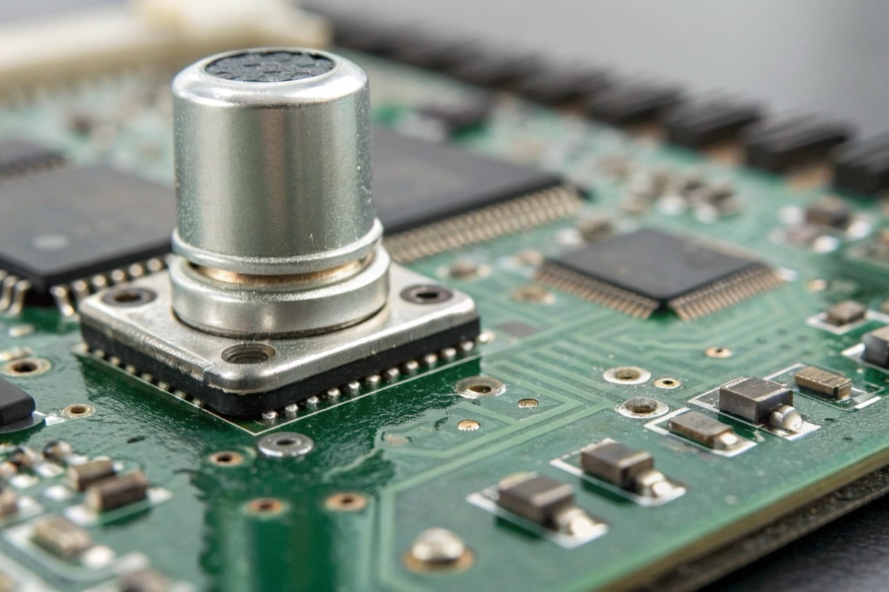 Extreme close-up macro shot of a tiny silver MEMS microphone component on a camera's green circuit board.