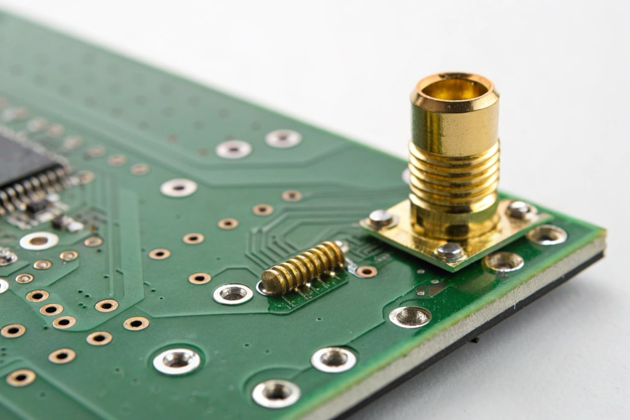 Macro photograph of a small 2.4GHz WiFi antenna component soldered onto the green printed circuit board of a security camera.