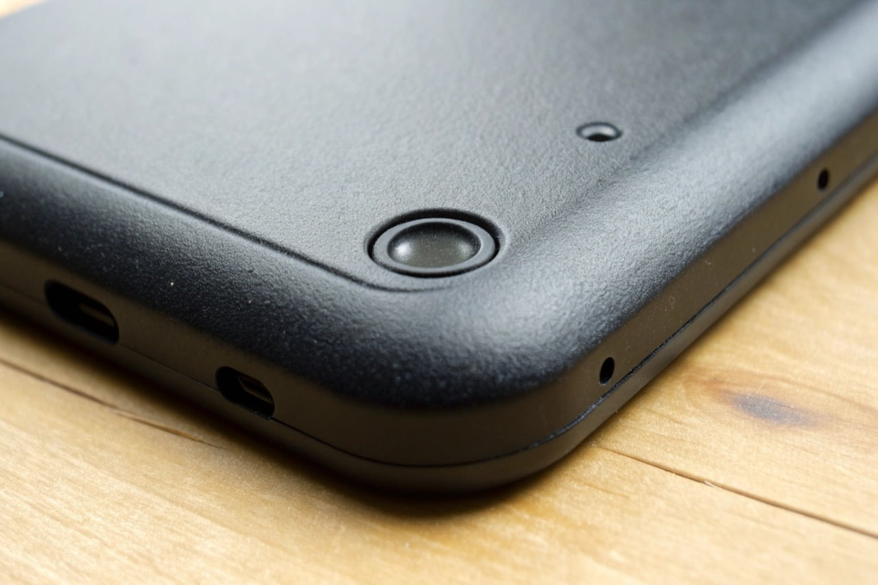 A CE certification mark clearly visible on the back of a black electronic device.