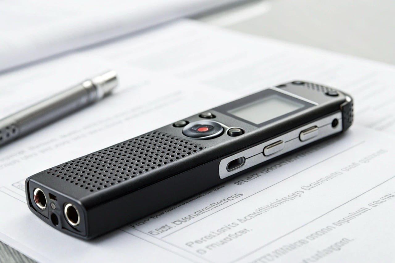 Un registratore vocale professionale con i loghi CE e ROHS chiaramente visibili sullo sfondo