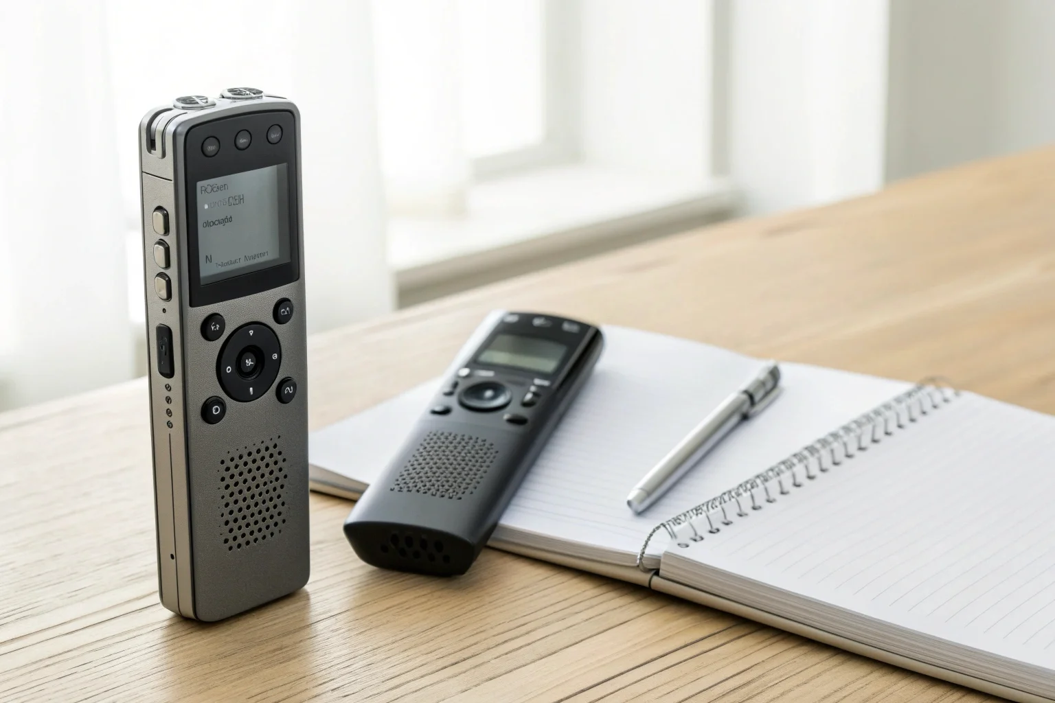 A professional buyer in an office carefully inspecting two different digital voice recorders on a desk.