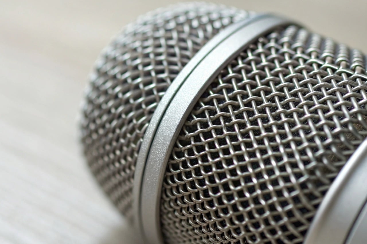 A macro photograph of the small grille covering the microphone on a digital voice recorder.