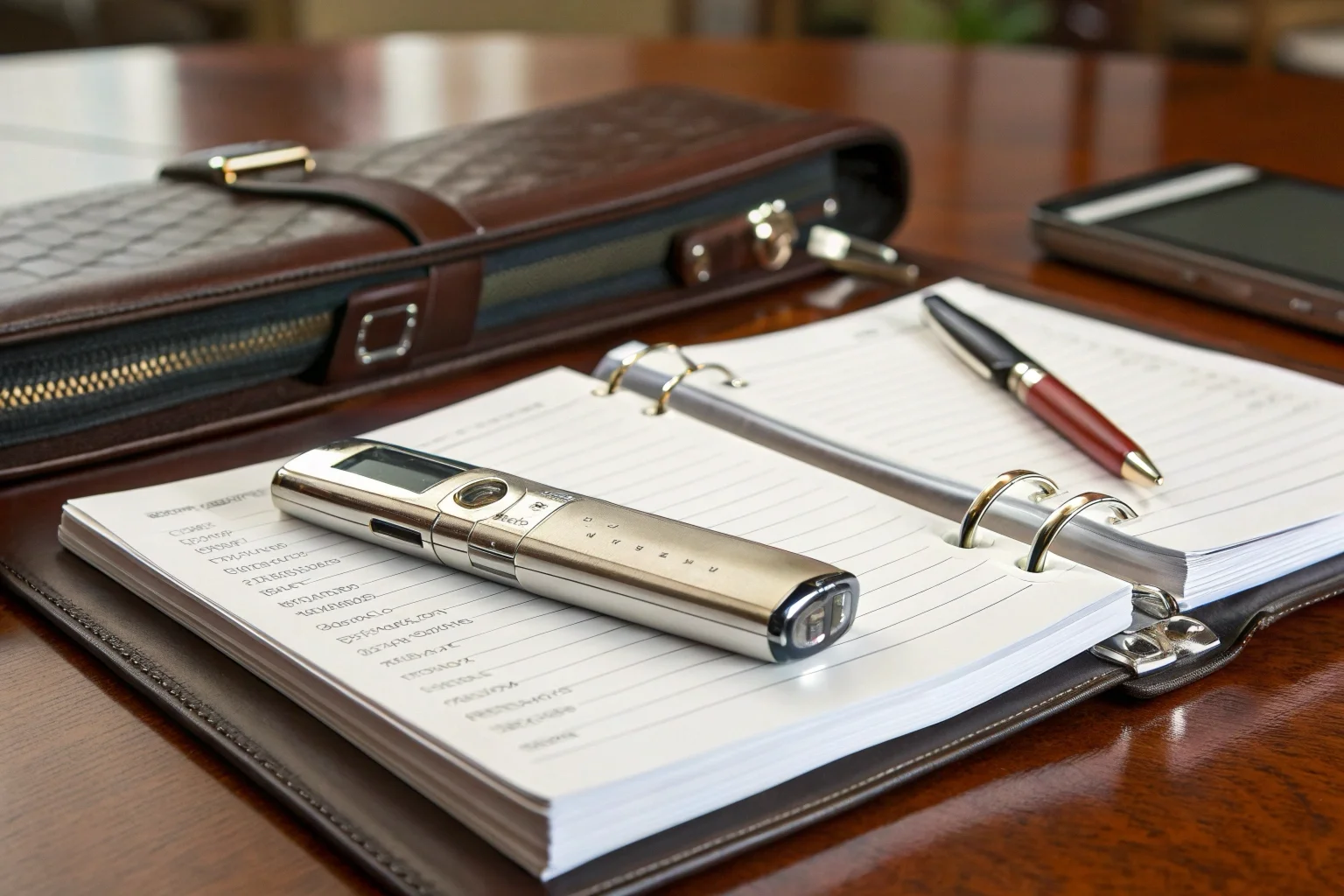 Gros plan sur un enregistreur vocal sophistiqué, conçu comme un stylo élégant et moderne, posé sur un agenda professionnel relié en cuir.