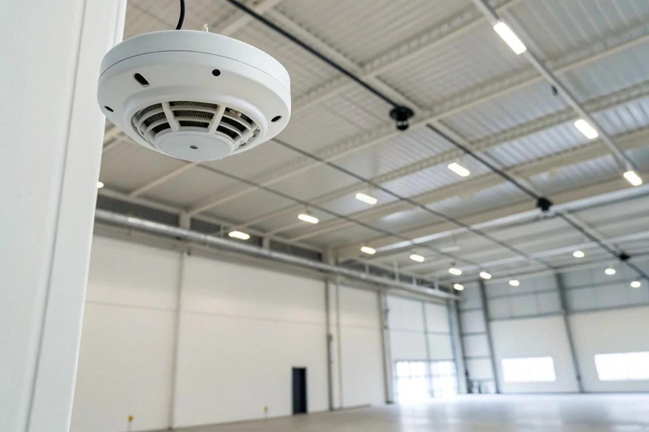 A discreet WiFi smoke detector camera mounted on a clean, white ceiling corner of a warehouse.