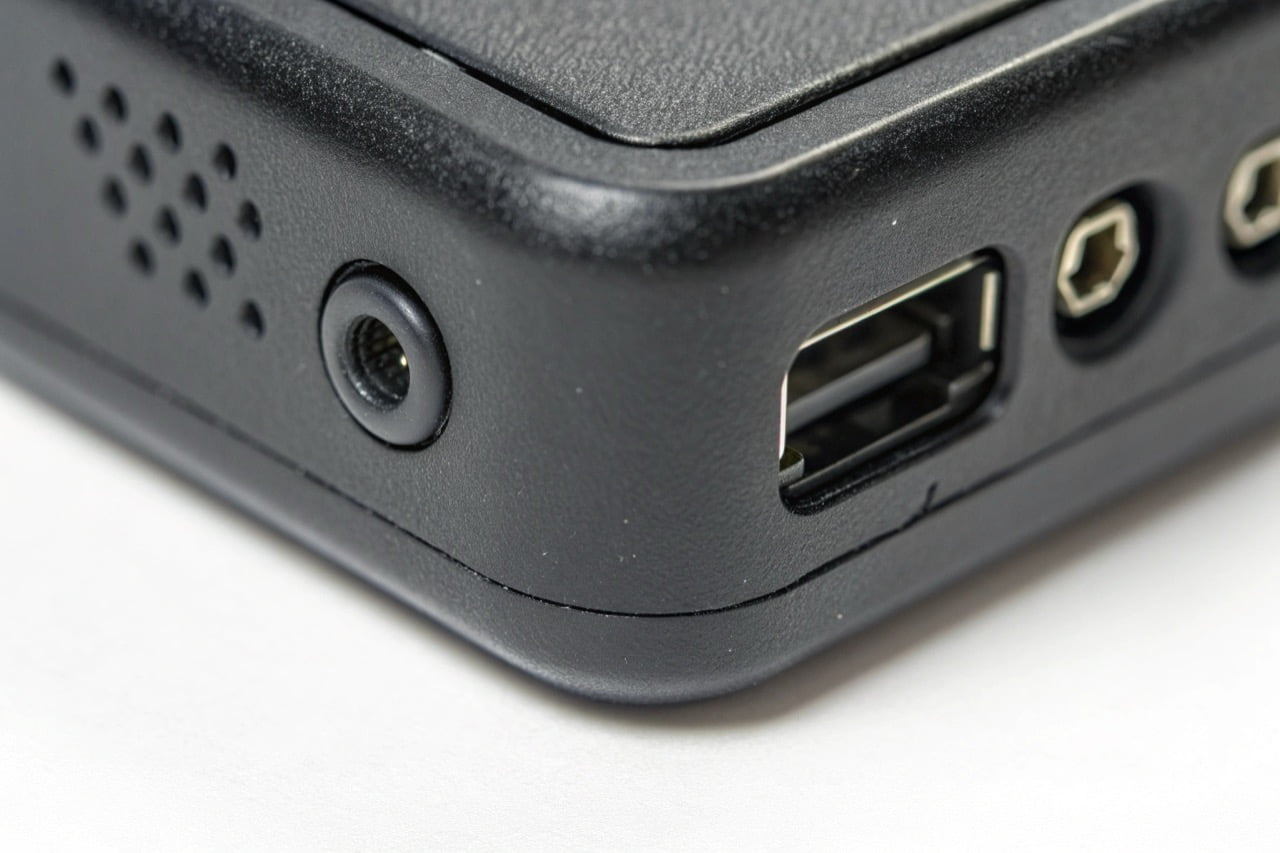 Macro photograph of the secure data port on the back of a black hidden camera.