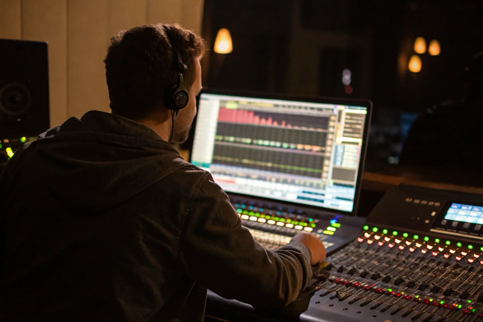 Un ingénieur du son dans une salle de contrôle ajuste les niveaux audio sur une console de mixage, les ondes sonores étant visibles sur un écran.