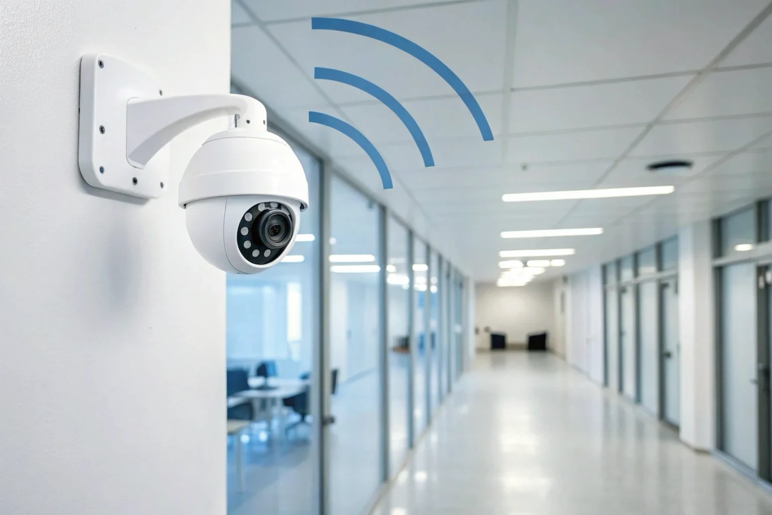 A professional security camera mounted on an office wall, with subtle lines indicating its WiFi signal connecting to a router.