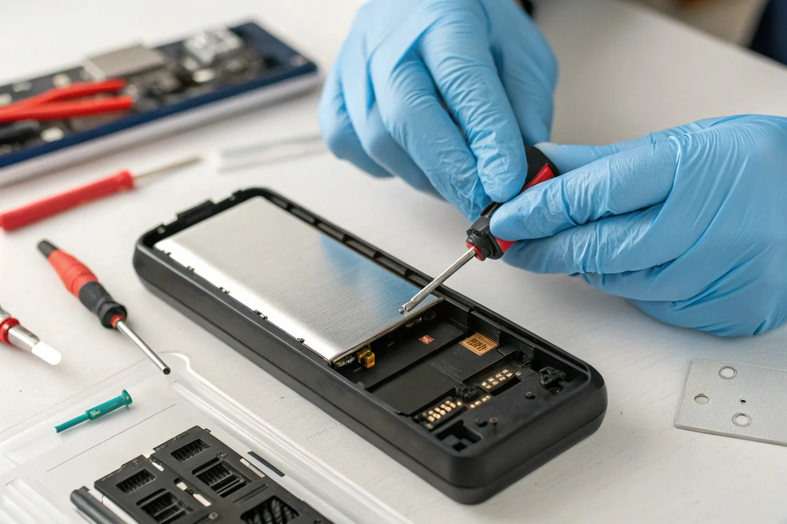 Un petit bloc-batterie Li-Po intégré est placé dans le boîtier d'un enregistreur vocal compact sur une chaîne de montage en usine.