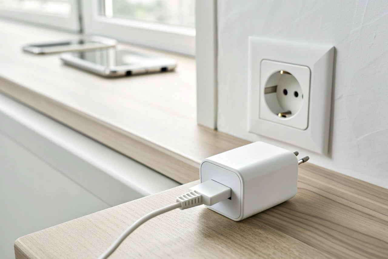 A modern European USB wall charger hidden camera plugged into a white wall socket in a minimalist office setting.