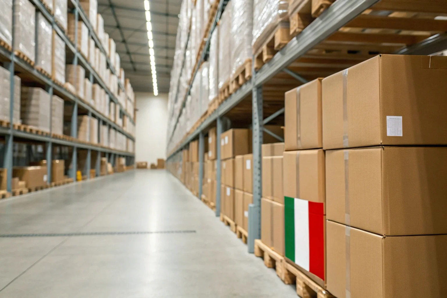 An aisle in a clean, well-organized warehouse with shelves of brown boxes, some visibly showing an Italian flag sticker for EU distribution.