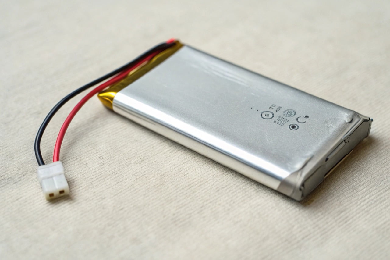 A close-up of a compact, high-density lithium-ion polymer battery used inside a small electronic device.