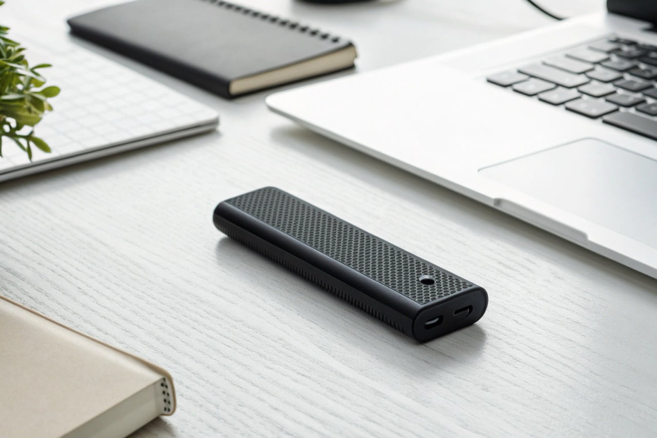 Un registratore vocale USB professionale e discreto su un tavolo da ufficio pulito