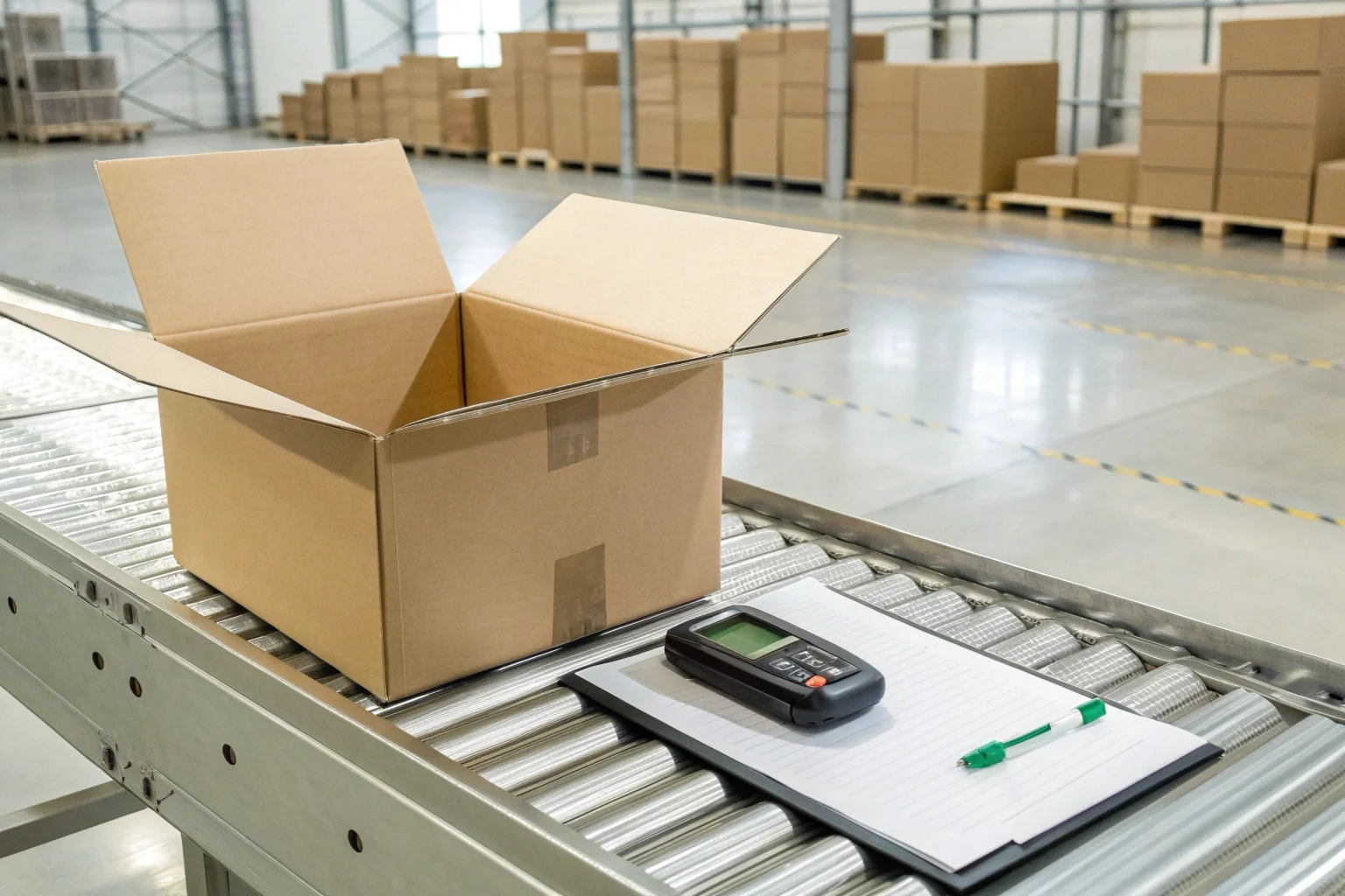 A handshake between a European buyer and an Asian supplier in a modern warehouse setting with boxes of electronics in the background.
