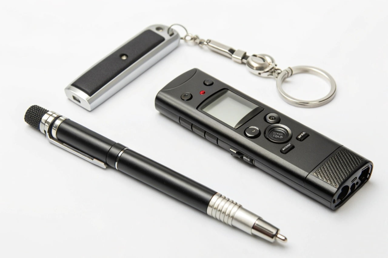 Una selezione di diversi registratori vocali: a penna, portachiavi e classico stick