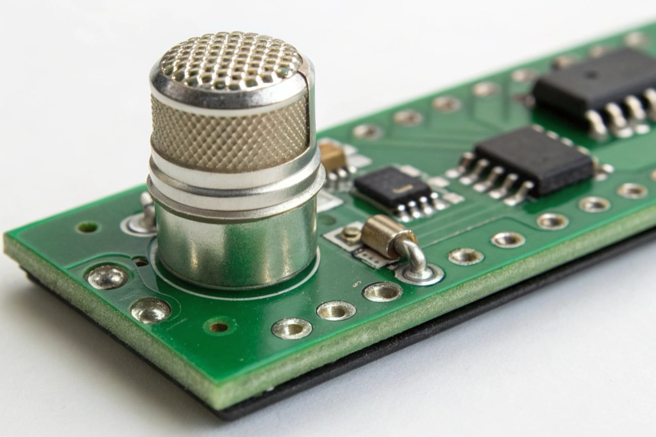 A close-up macro shot of a small, high-quality microphone component on a circuit board for a voice recorder.