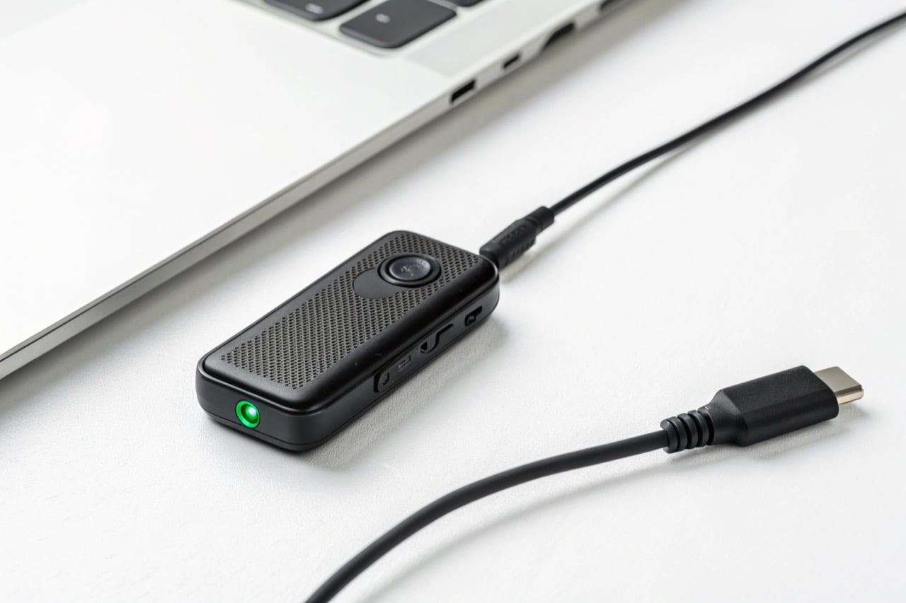 A compact voice recorder connected to a USB-C charging cable with a green charging indicator light.