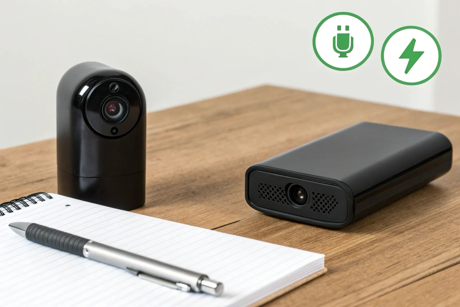 A split-screen image showing a small pen camera on one side and a larger power bank camera on the other, both with battery life icons above them.