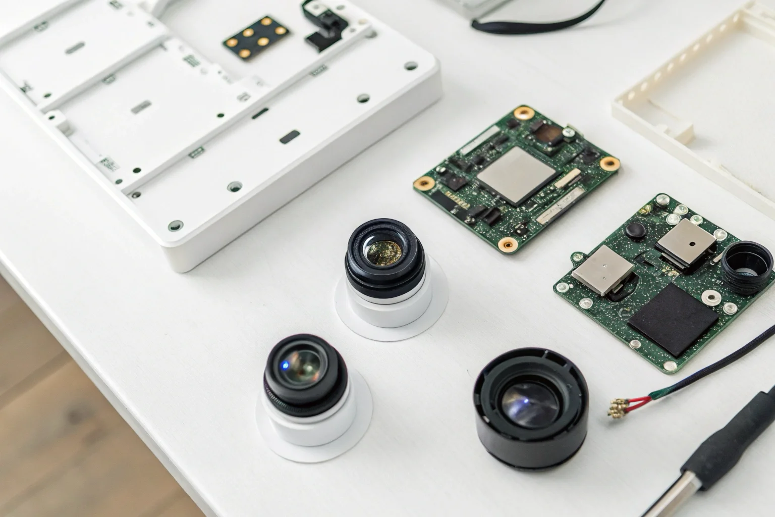 A clean, modern workbench with several different small WiFi camera modules and components laid out for inspection.