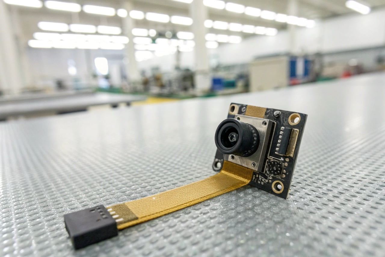 A small WiFi camera module with its lens and ribbon cable on a clean, anti-static surface