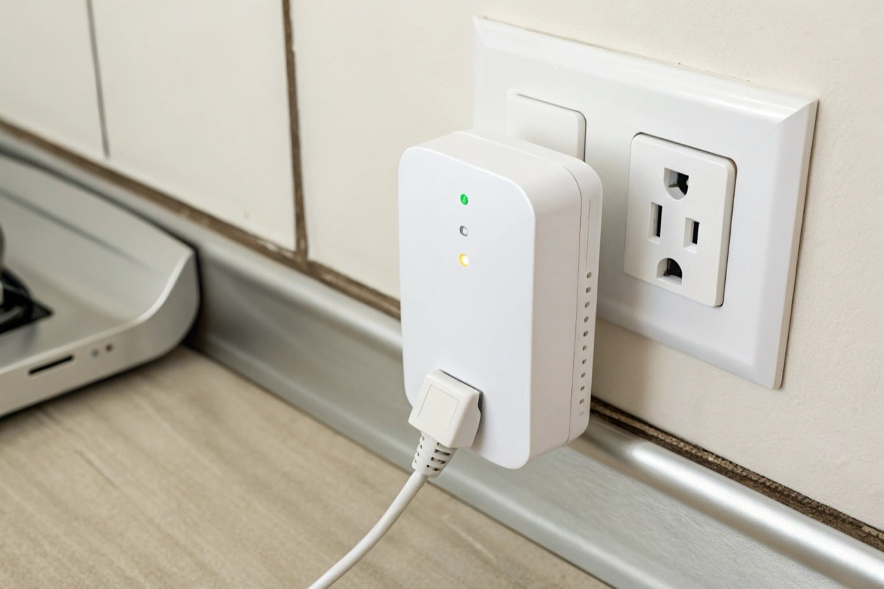 A sleek, modern white WiFi signal extender plugged into a wall socket