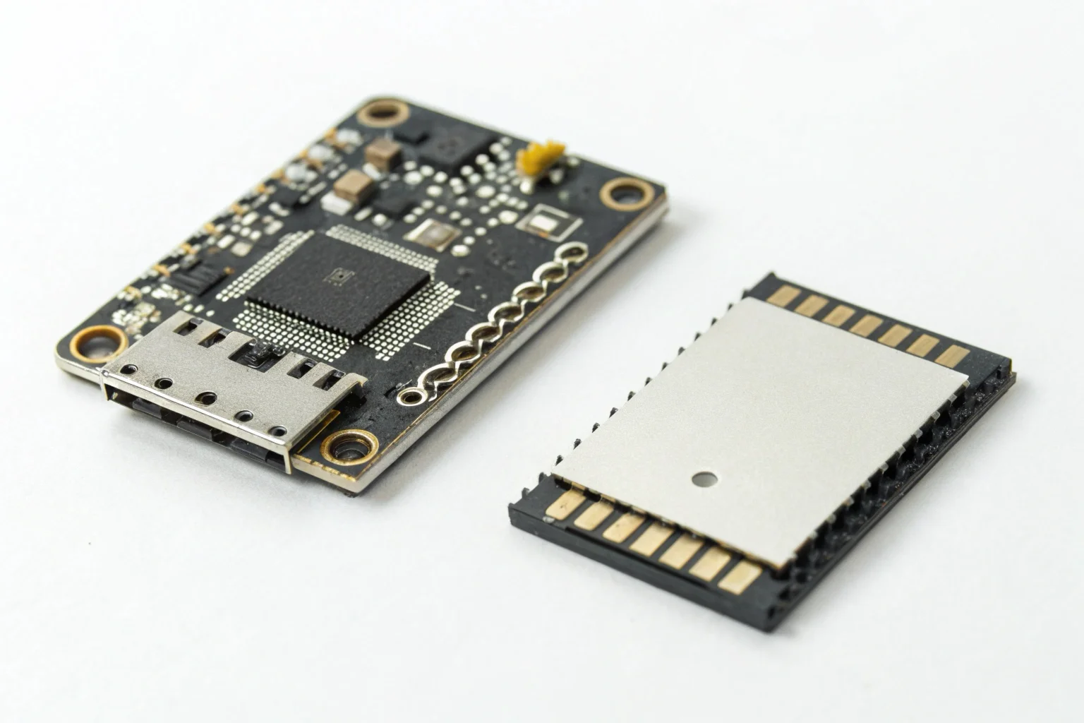 A side-by-side comparison of a WiFi antenna module and a simple micro SD card slot.