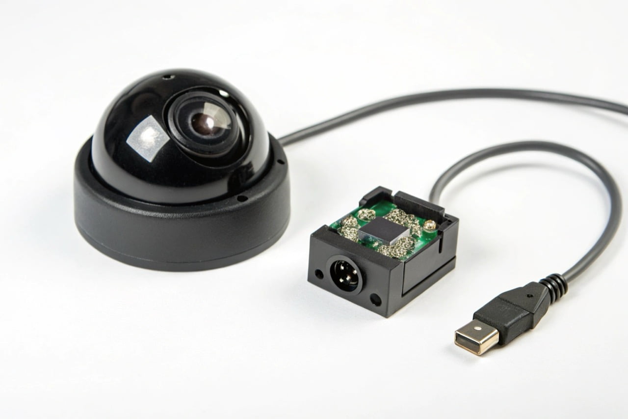Side-by-side comparison of a wired camera with an ethernet port and a small wireless camera module