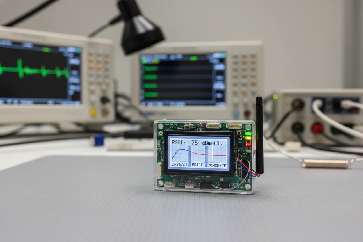 Miniature audio receiver testing module showing signal strength through walls