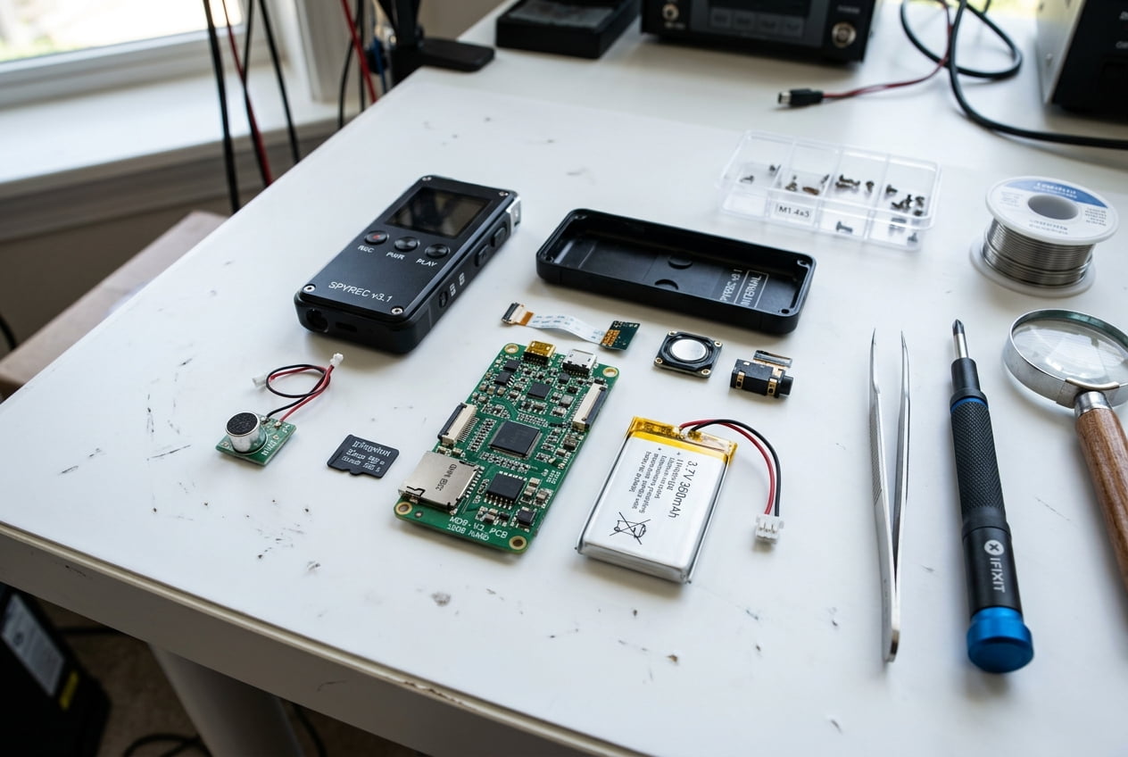Authentic S5 watch voice recorder components laid out on a table